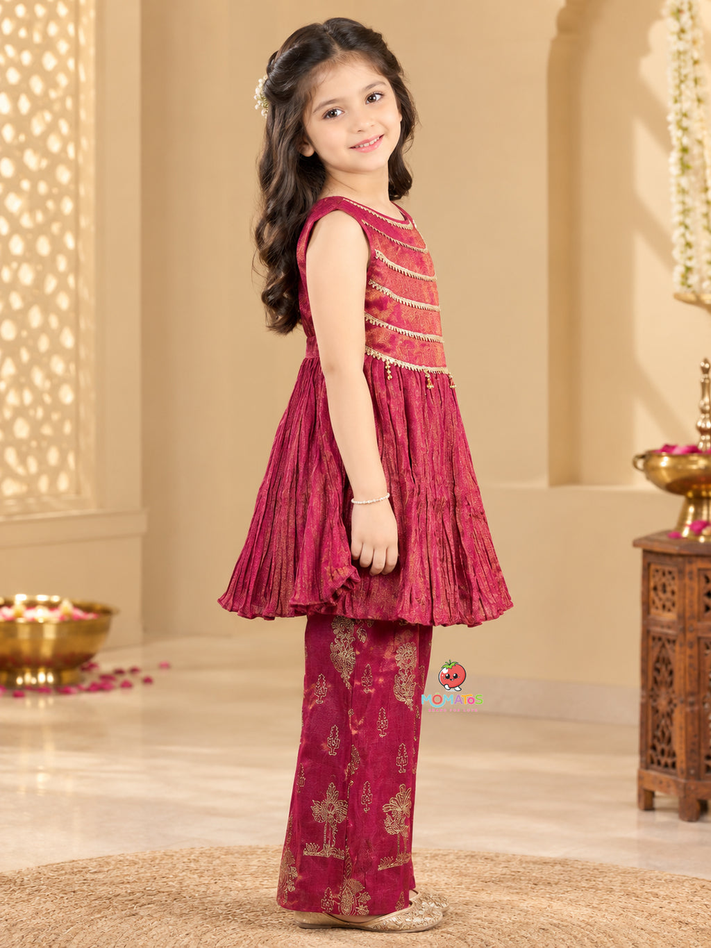 Rani Pink Gota Patti Yoke Peplum Kurti & Foil Printed Palazzo Set