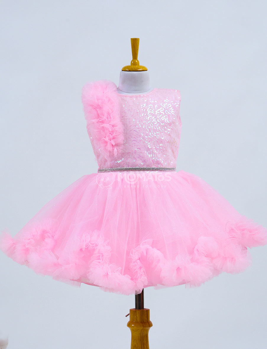 A Sparkling Pink Frock with Floral Detailing