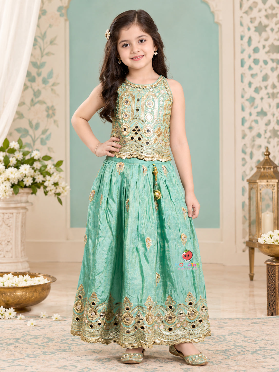 Halter Neck Mirror Work Crop Top & Flared Lehenga Set Main image