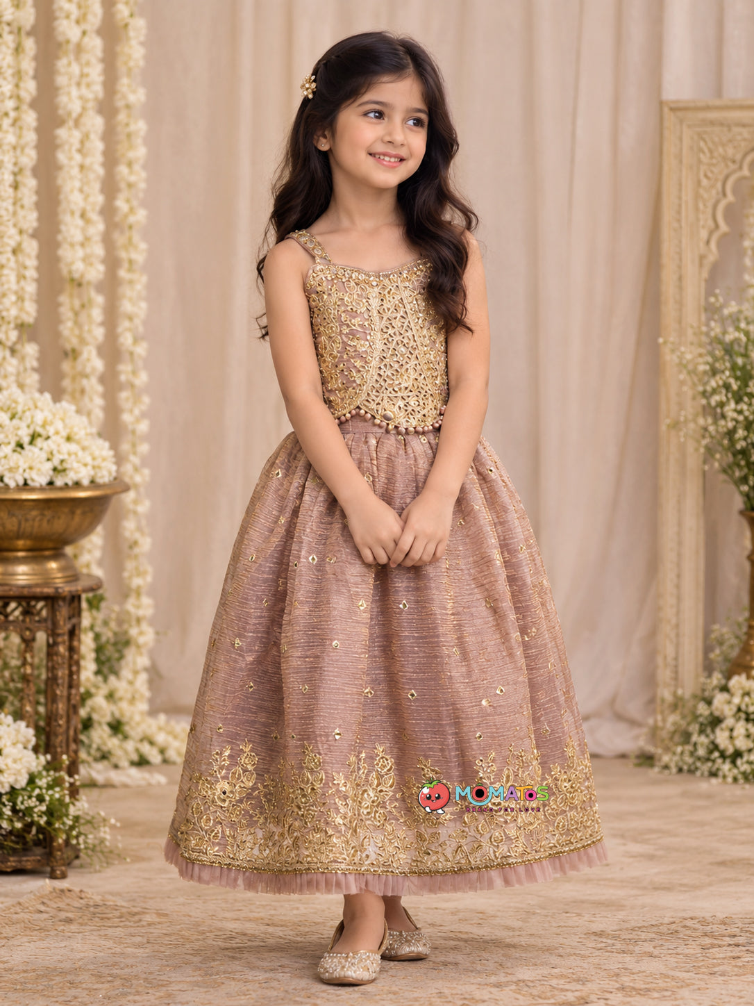 Royal Onion Gold Mirror-Embellished Strapped Lehenga Choli Set Main image