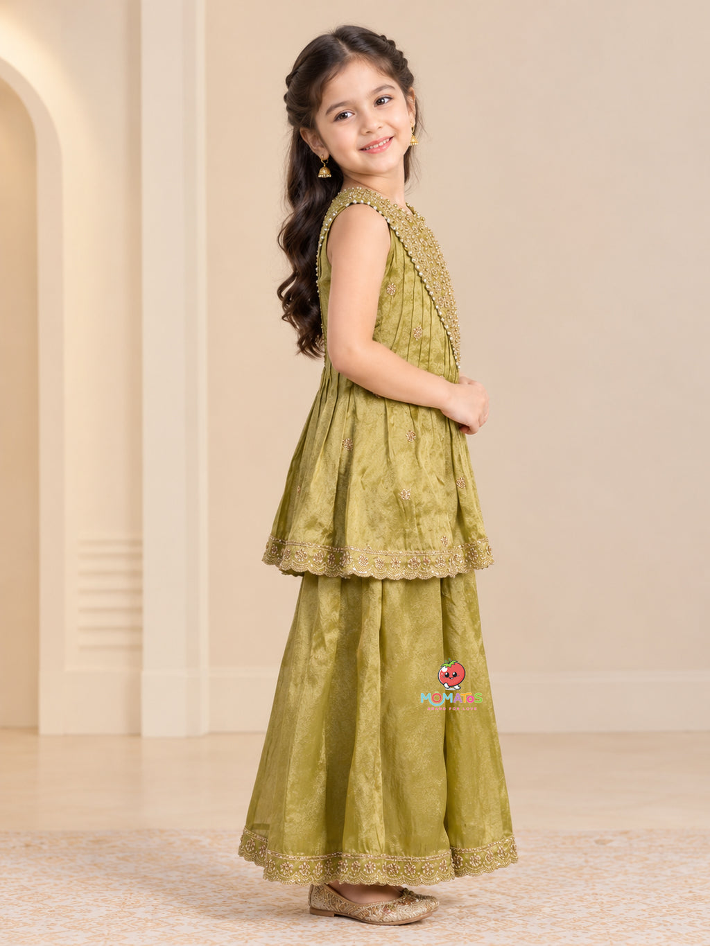 Pista Green Zari Embroidered Yoke Peplum & Sharara Set