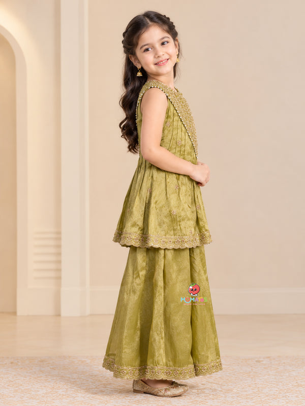Pista Green Zari Embroidered Yoke Peplum & Sharara Set