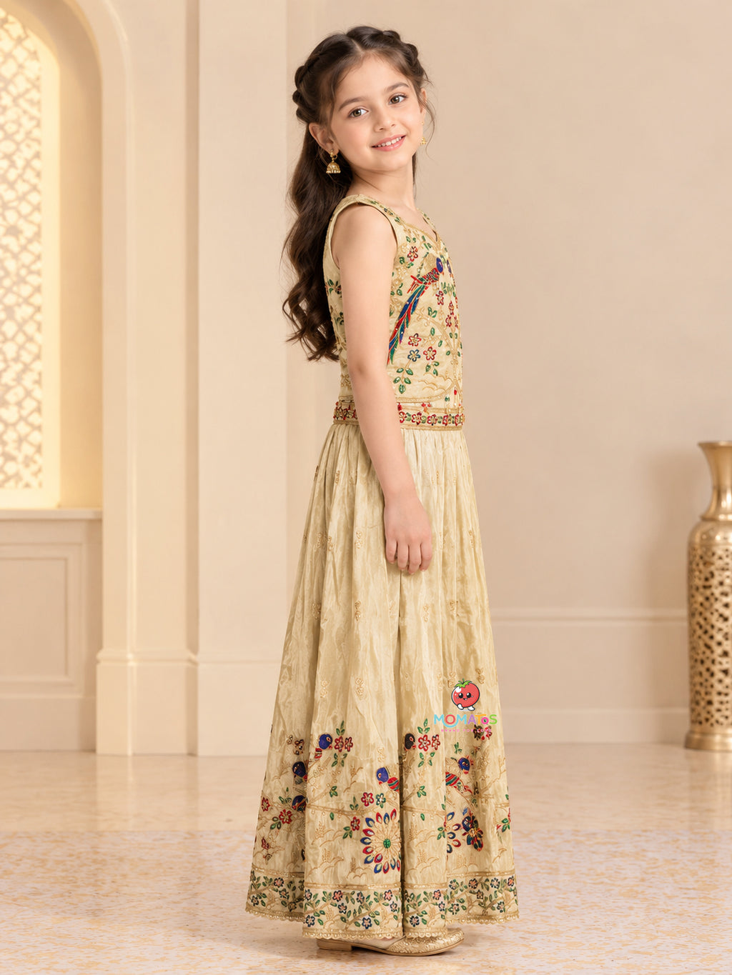 Fawn Peacock & Floral Multi-Color Embroidered Lehenga Choli Set