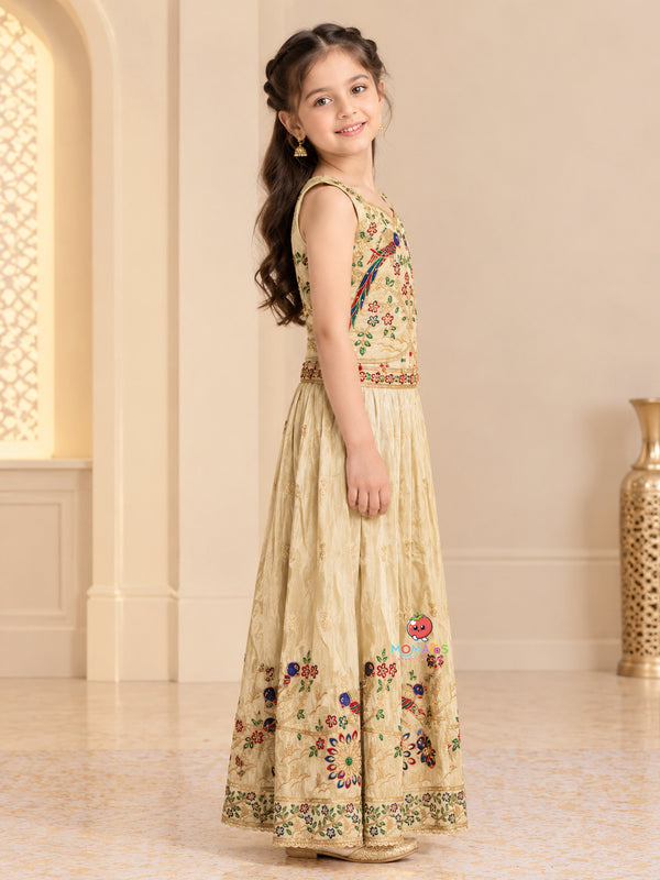 Fawn Peacock & Floral Multi-Color Embroidered Lehenga Choli Set