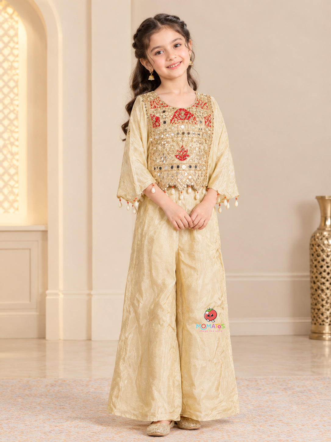 Fawn Mirror & Red Embroidered Bell Sleeve Kurti & Palazzo Set Main image