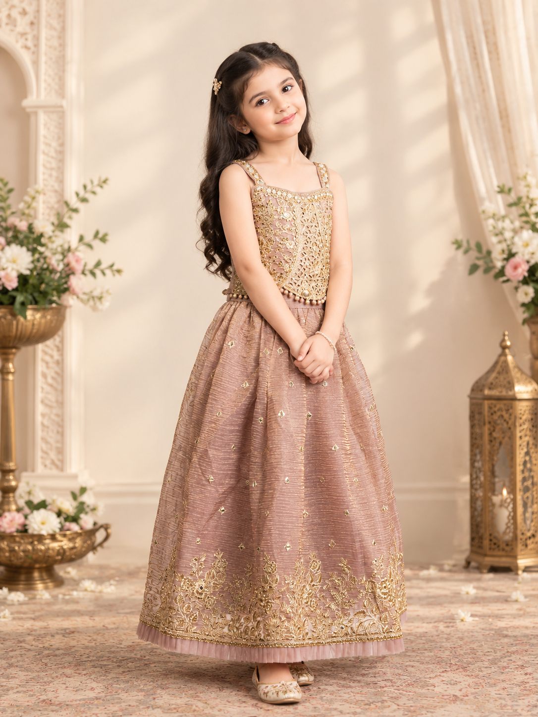 Royal Onion Gold Mirror-Embellished Strapped Lehenga Choli Set Main image
