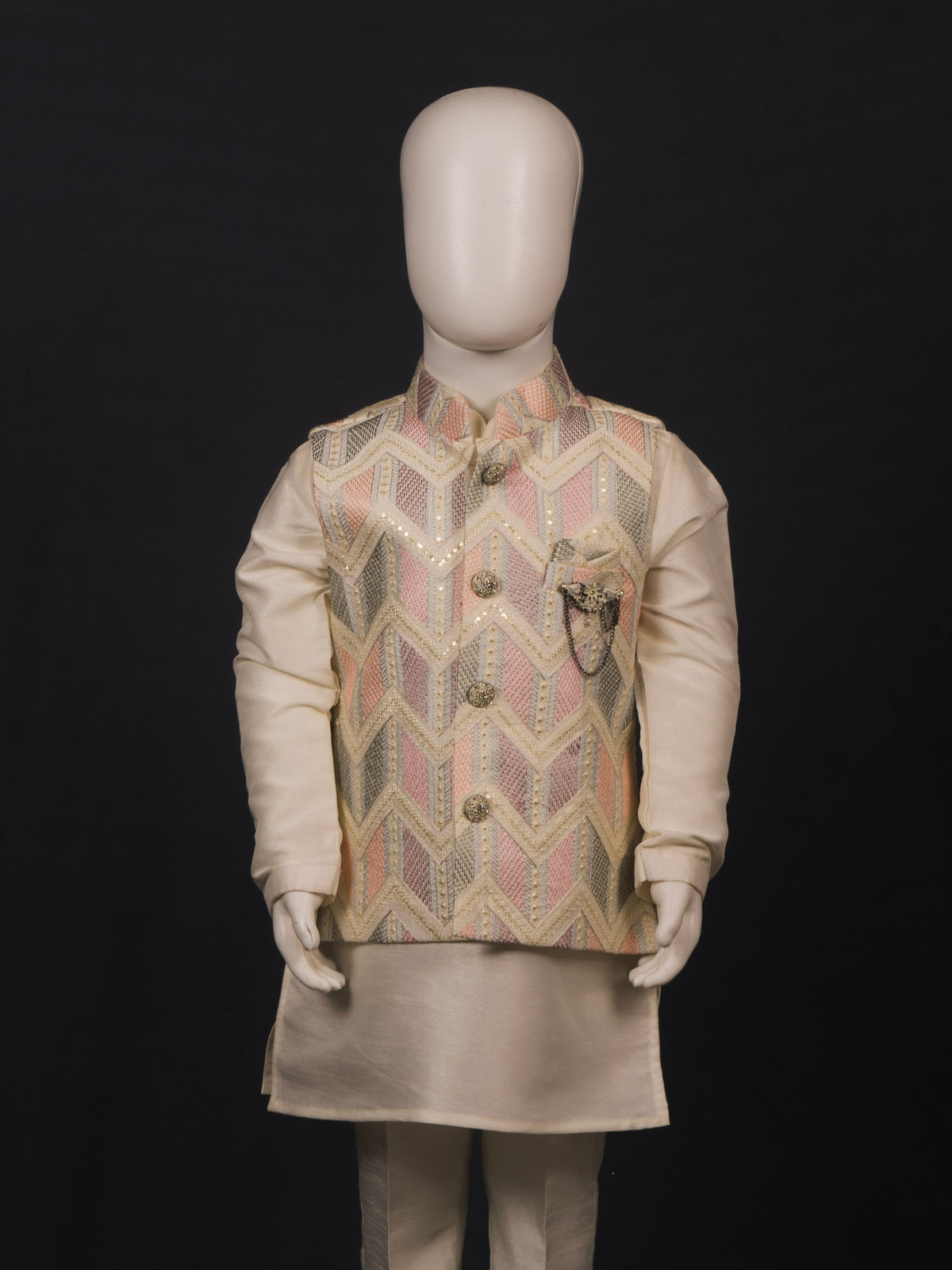 Cream Multi-Hue Zig-Zag Kurta Pyjama Set
