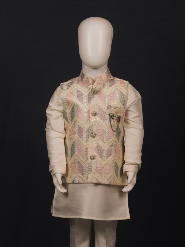 Cream Multi-Hue Zig-Zag Kurta Pyjama Set