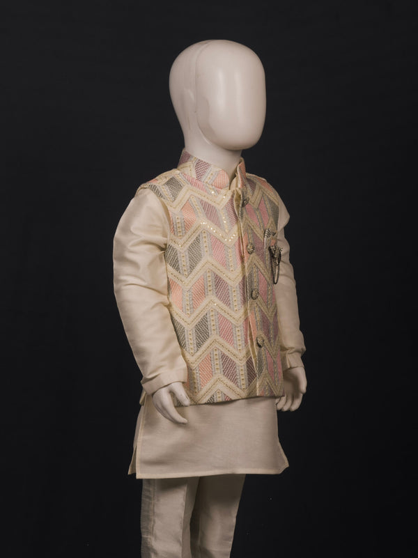Cream Multi-Hue Zig-Zag Kurta Pyjama Set