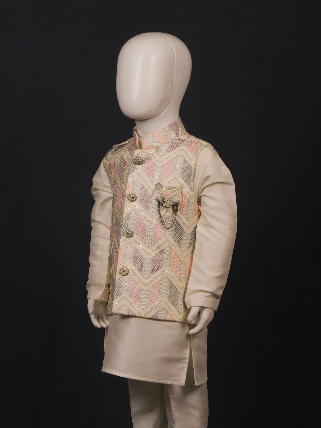 Cream Multi-Hue Zig-Zag Kurta Pyjama Set
