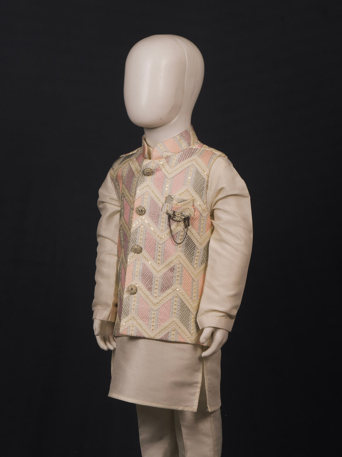 Cream Multi-Hue Zig-Zag Kurta Pyjama Set