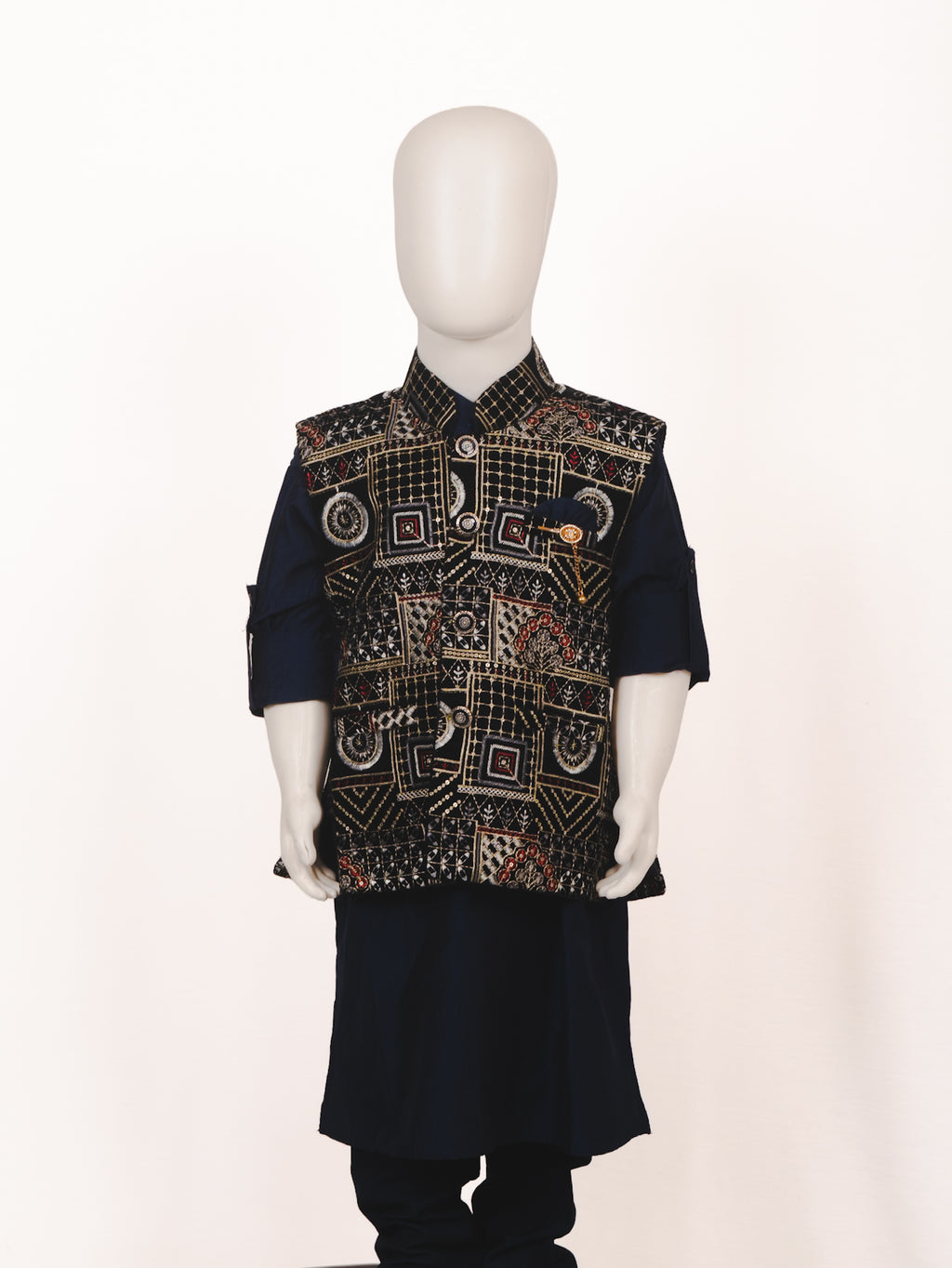 Navy Blue Geometric Embroidered Jacket Kurta Pyjama Set