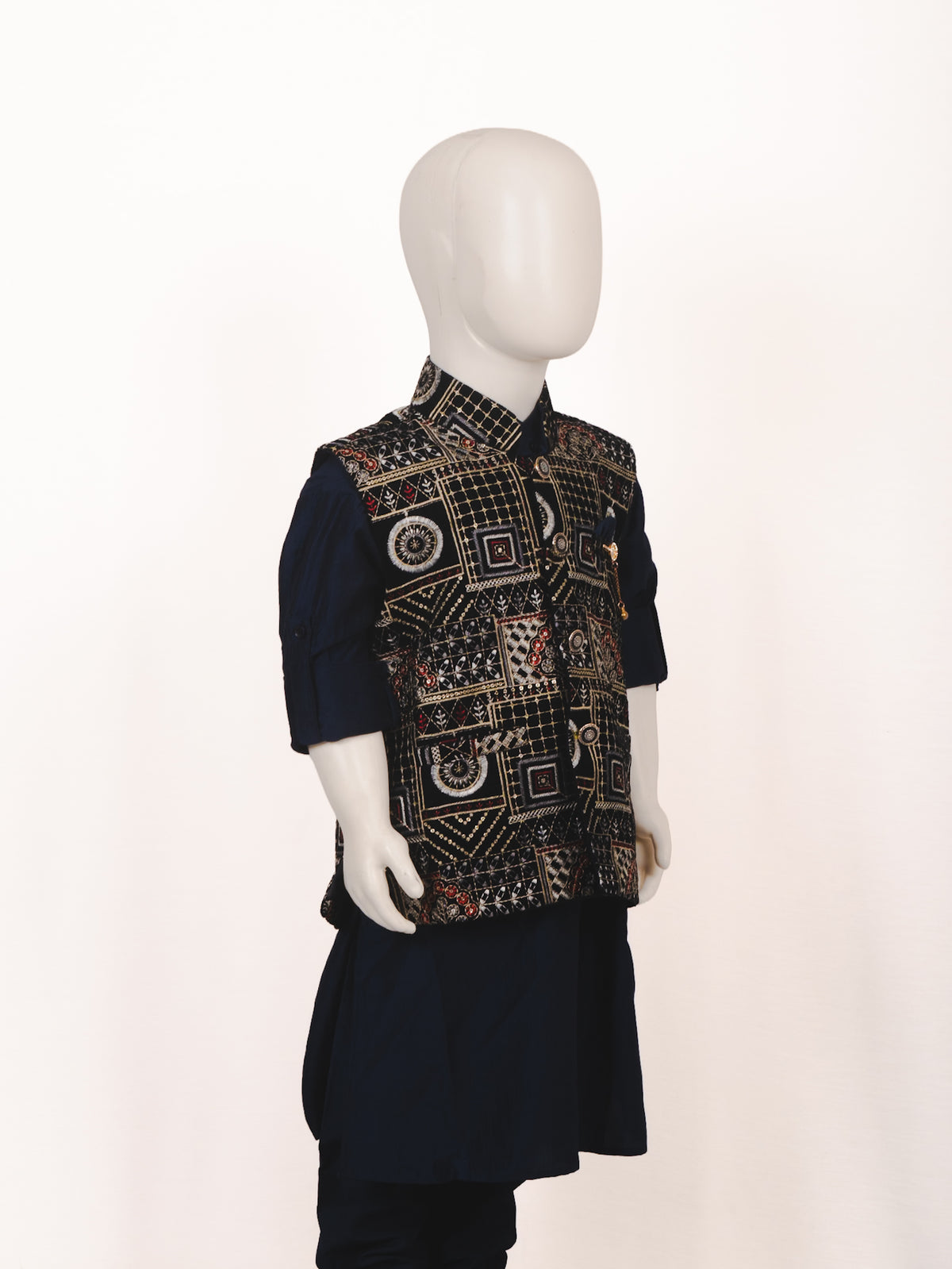 Navy Blue Geometric Embroidered Jacket Kurta Pyjama Set