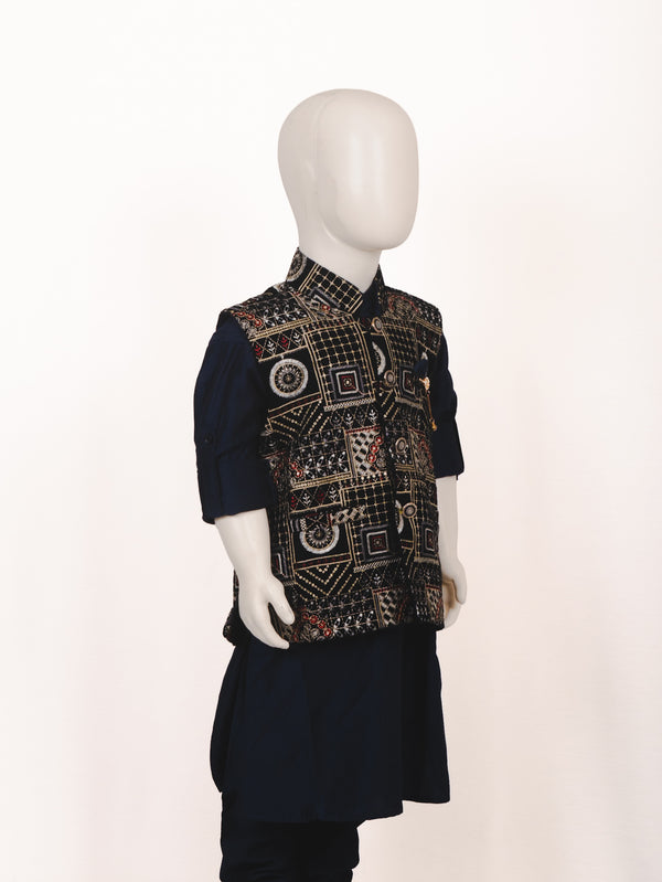 Navy Blue Geometric Embroidered Jacket Kurta Pyjama Set