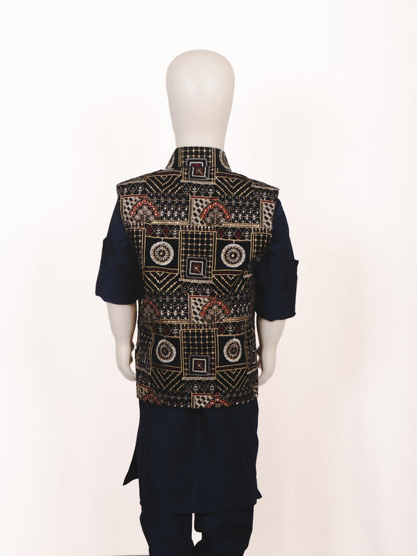 Navy Blue Geometric Embroidered Jacket Kurta Pyjama Set