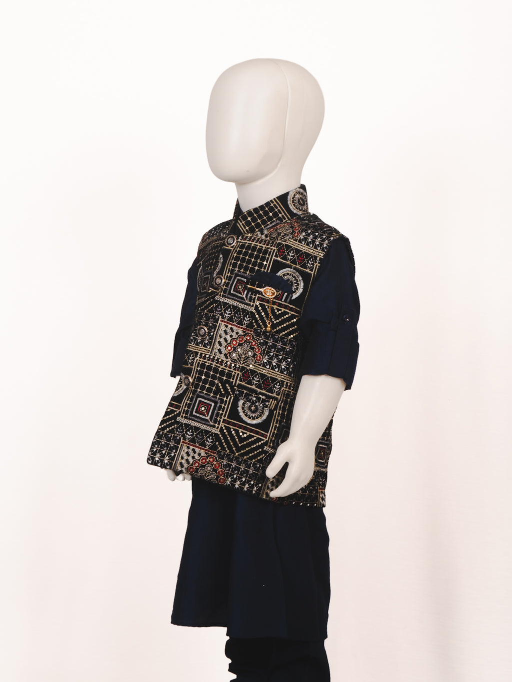 Navy Blue Geometric Embroidered Jacket Kurta Pyjama Set