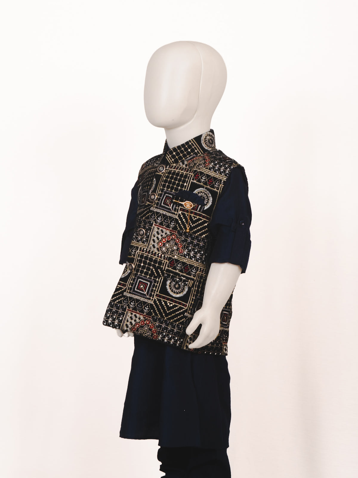 Navy Blue Geometric Embroidered Jacket Kurta Pyjama Set