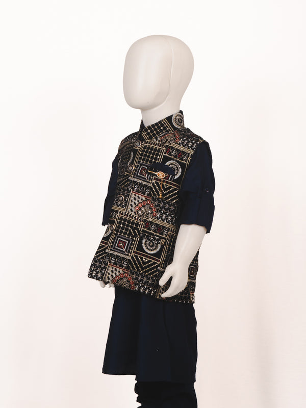 Navy Blue Geometric Embroidered Jacket Kurta Pyjama Set