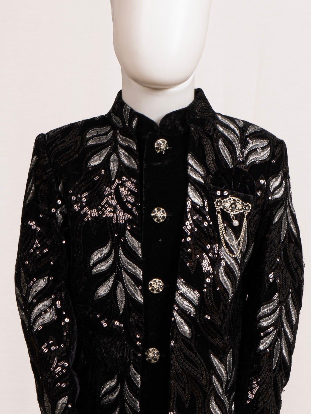 Midnight Black Silver Leaf Embroidered Open-Jacket Sherwani Set