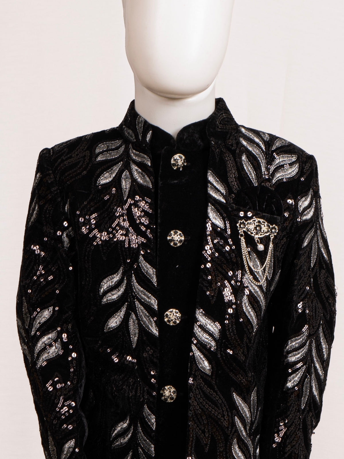Midnight Black Silver Leaf Embroidered Open-Jacket Sherwani Set