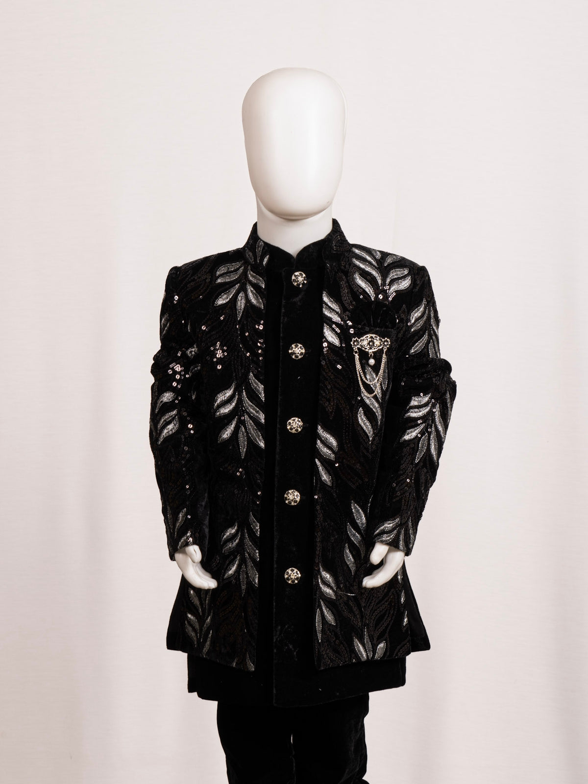 Midnight Black Silver Leaf Embroidered Open-Jacket Sherwani Set