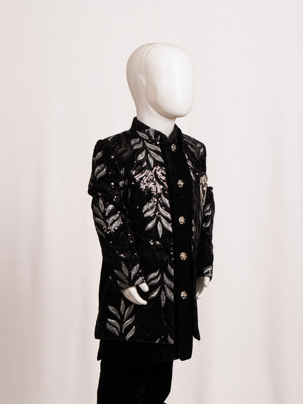 Midnight Black Silver Leaf Embroidered Open-Jacket Sherwani Set