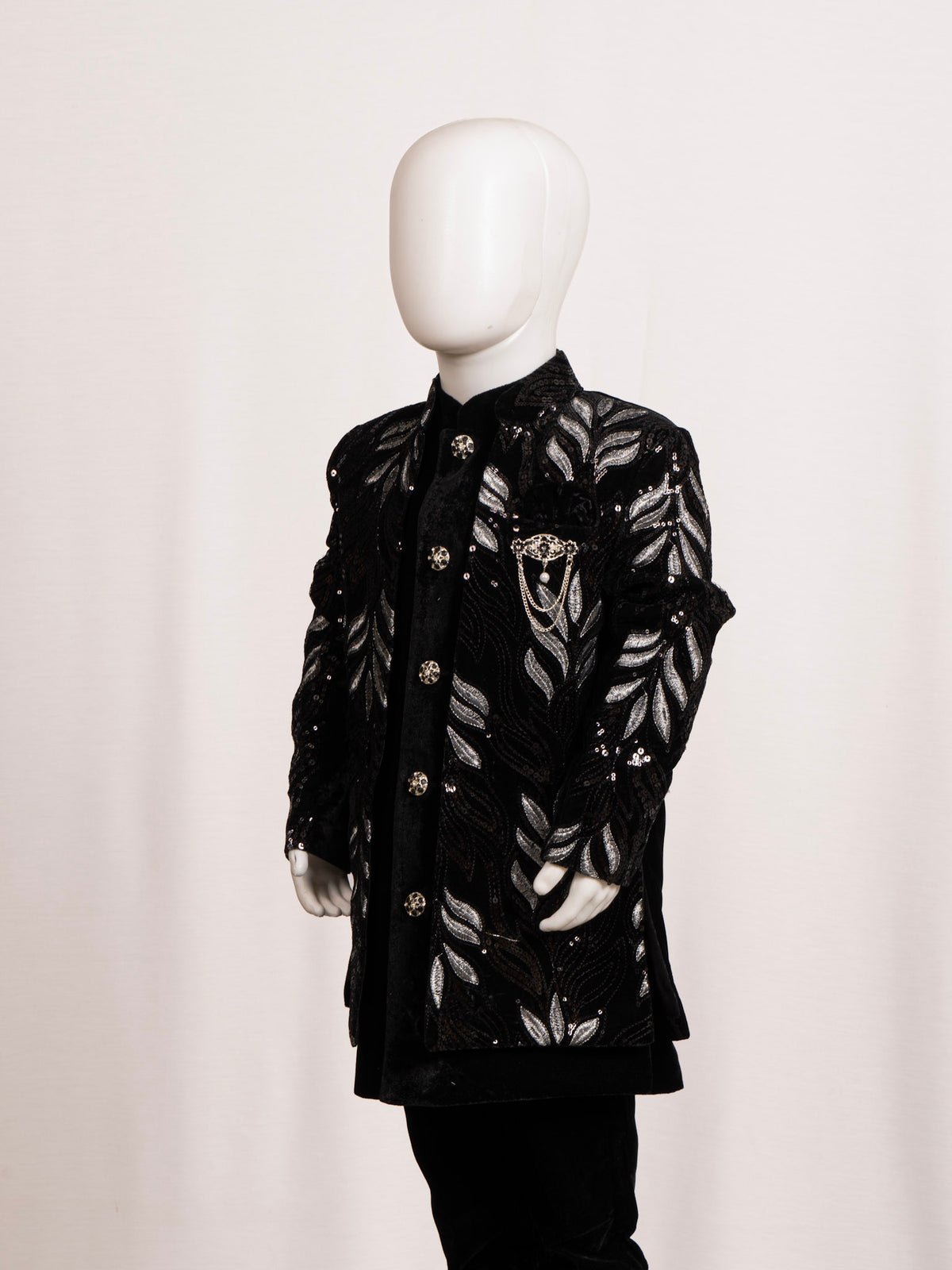 Midnight Black Silver Leaf Embroidered Open-Jacket Sherwani Set