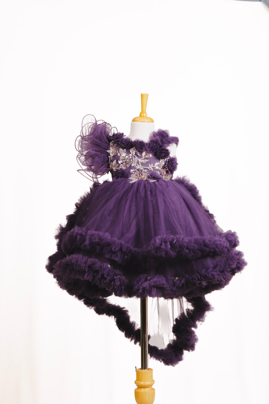 Deep Purple Embroidered High-Low Ruffle Tulle Frock