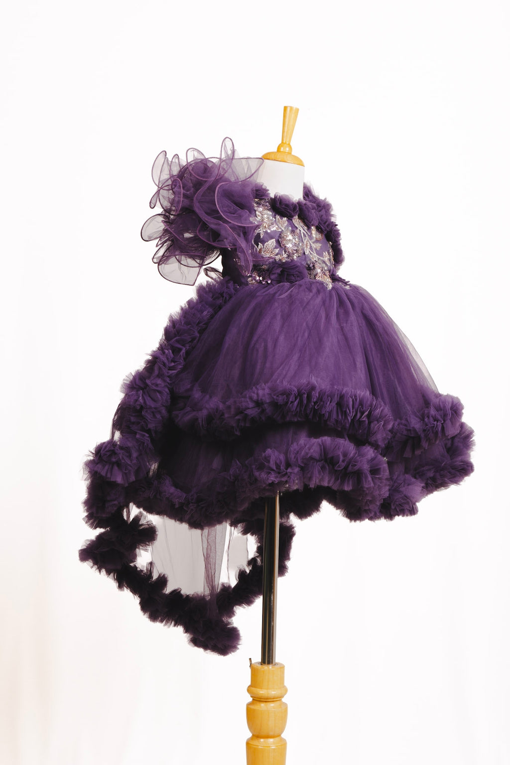 Deep Purple Embroidered High-Low Ruffle Tulle Frock