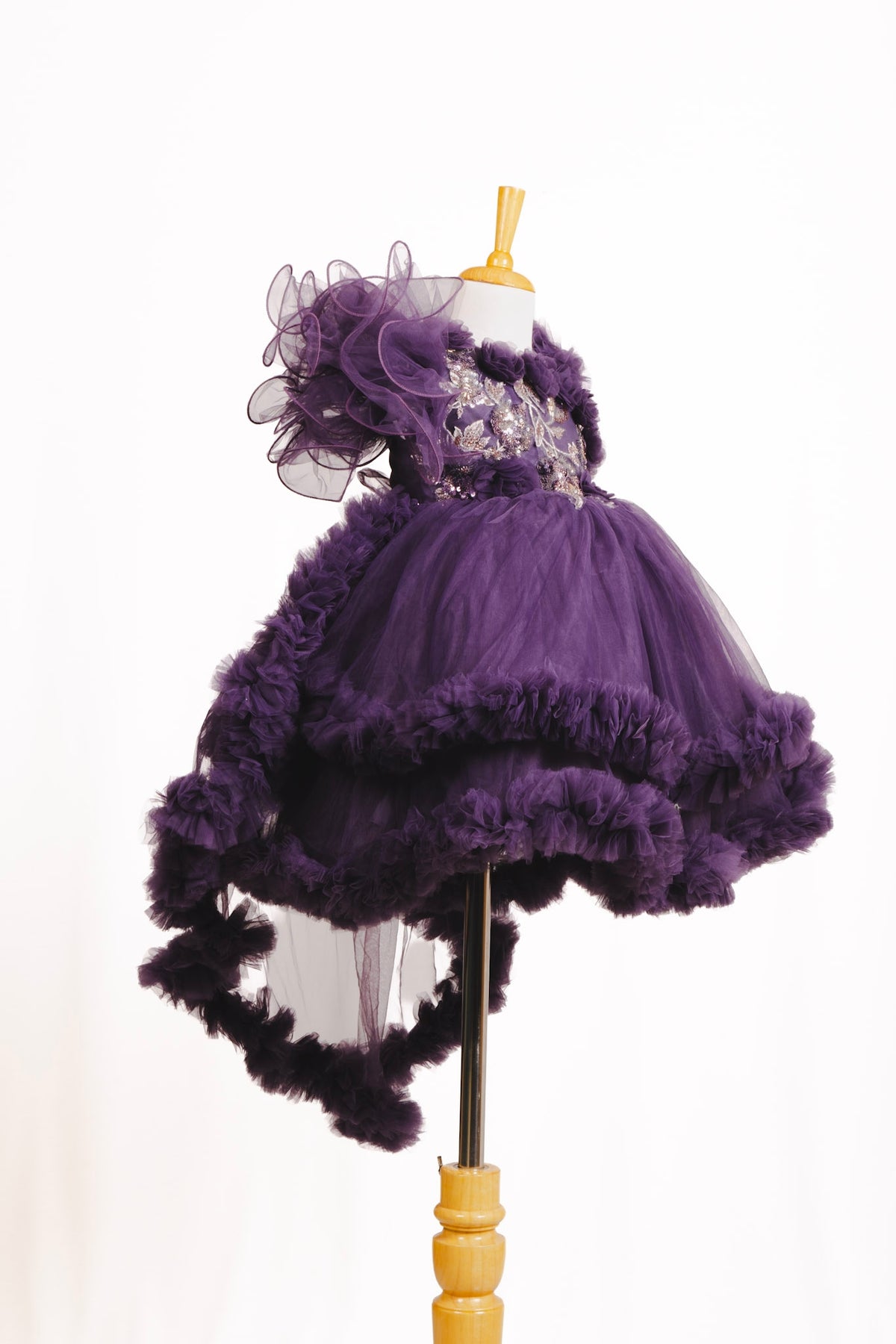 Deep Purple Embroidered High-Low Ruffle Tulle Frock