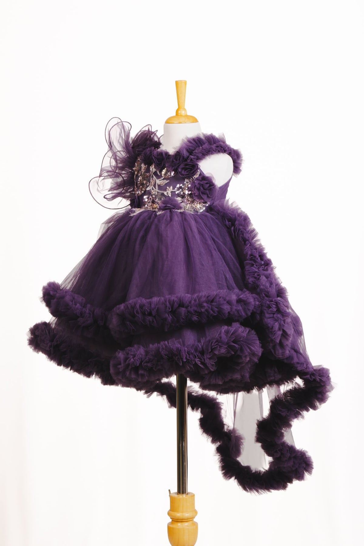Deep Purple Embroidered High-Low Ruffle Tulle Frock