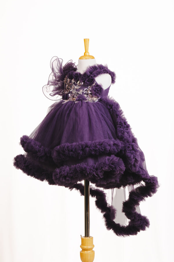 Deep Purple Embroidered High-Low Ruffle Tulle Frock