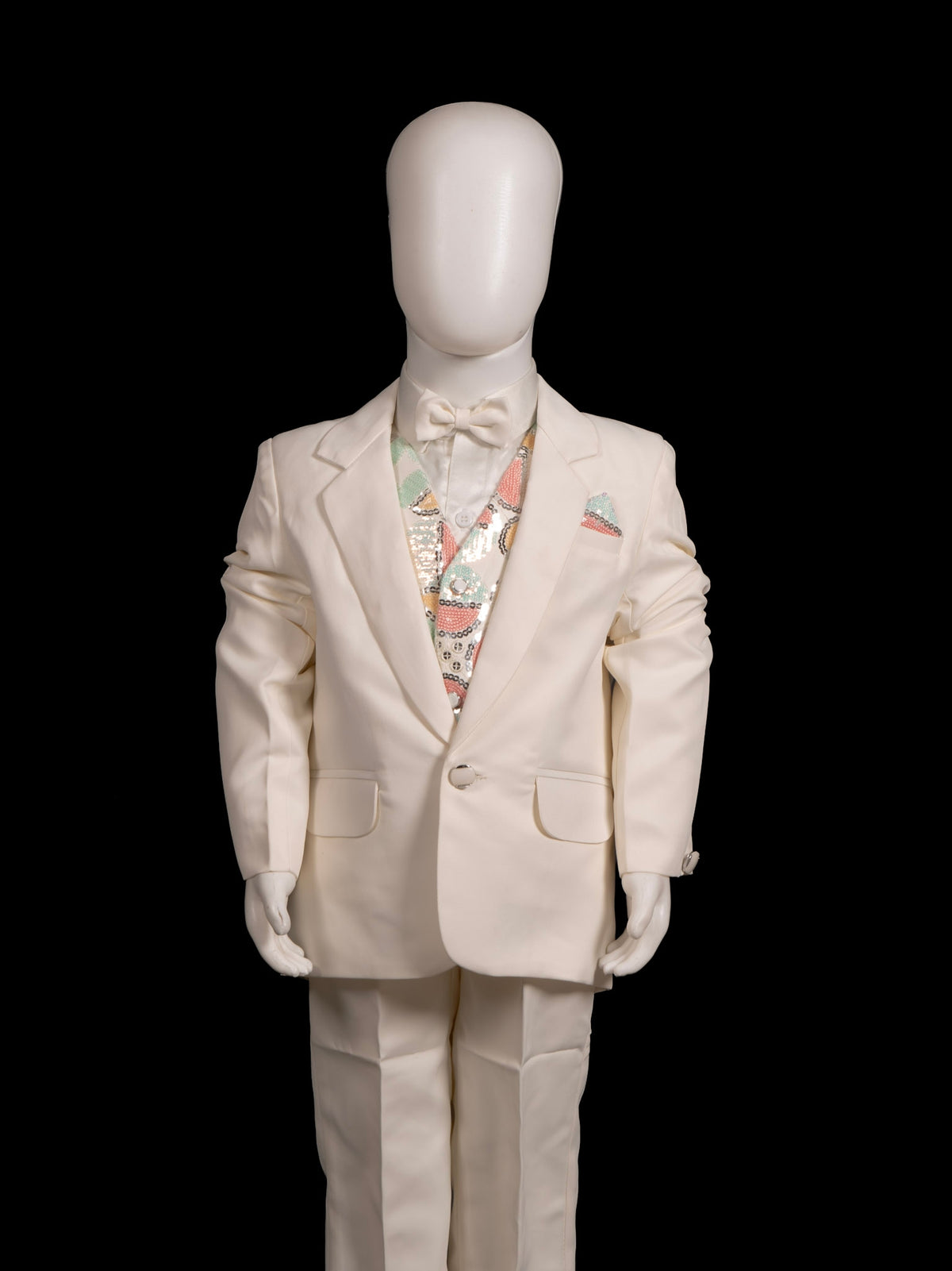 Cream 4-Piece Tuxedo Suit with Sequinned Waistcoat