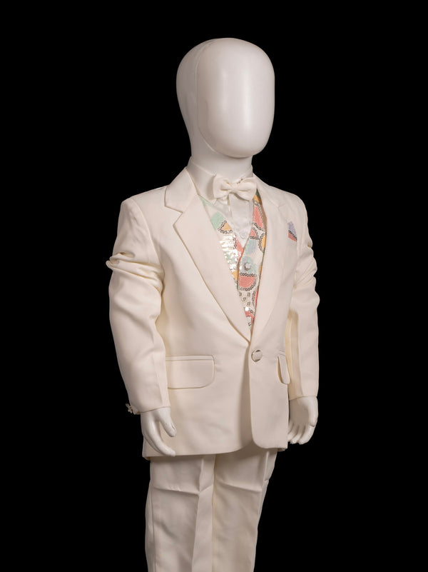 Cream 4-Piece Tuxedo Suit with Sequinned Waistcoat