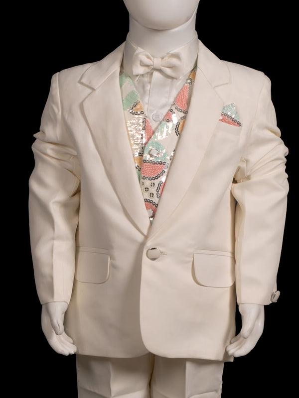 Cream 4-Piece Tuxedo Suit with Sequinned Waistcoat