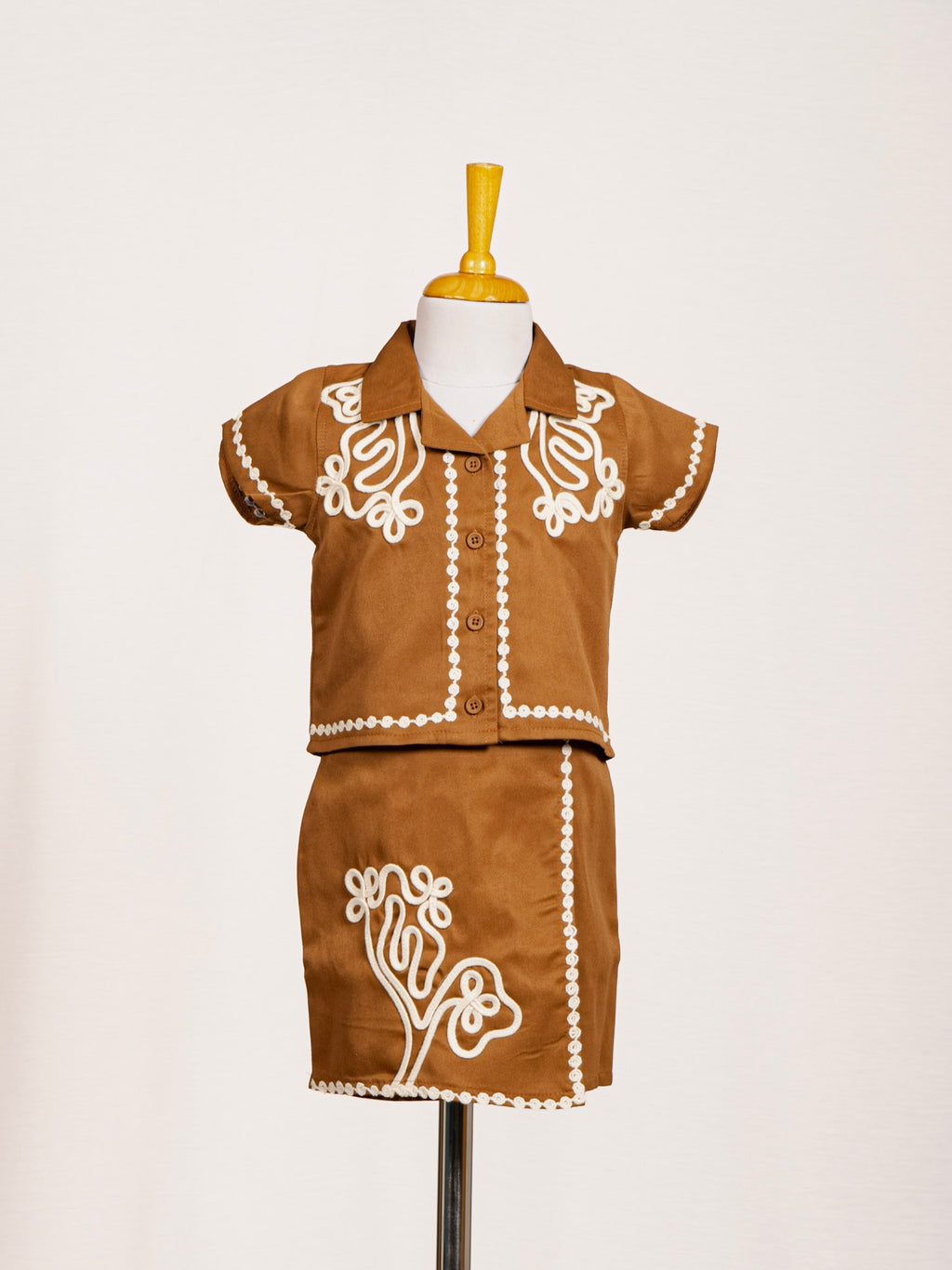 Brown Cord Embroidered Collared Top and Skirt Western Set
