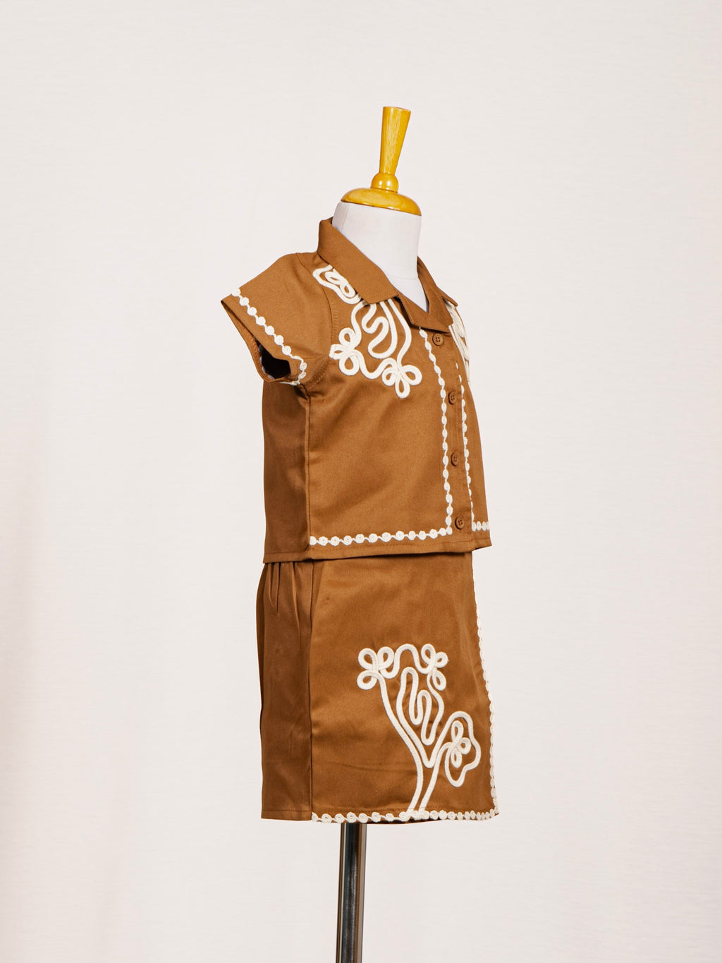 Brown Cord Embroidered Collared Top and Skirt Western Set