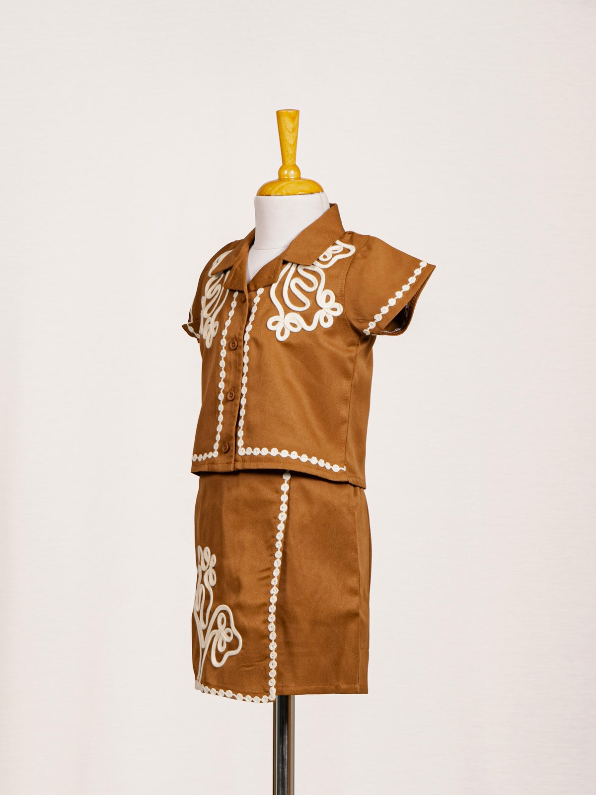 Brown Cord Embroidered Collared Top and Skirt Western Set