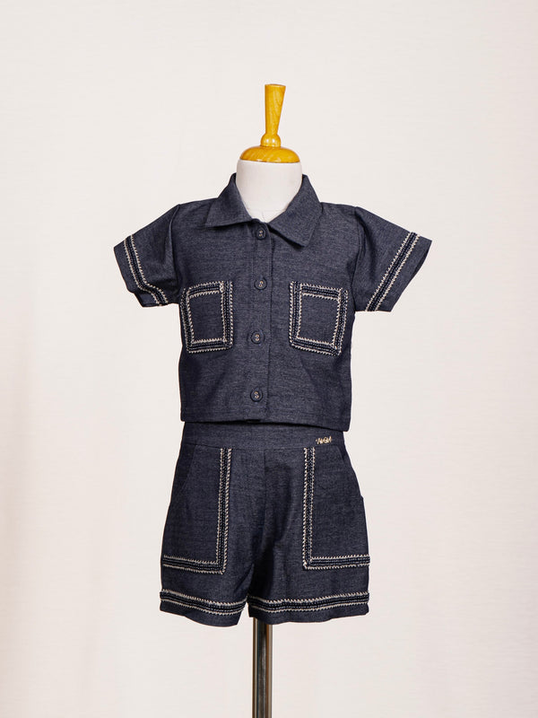 Indigo Blue Stitch-Detailed Two-Piece Western Set