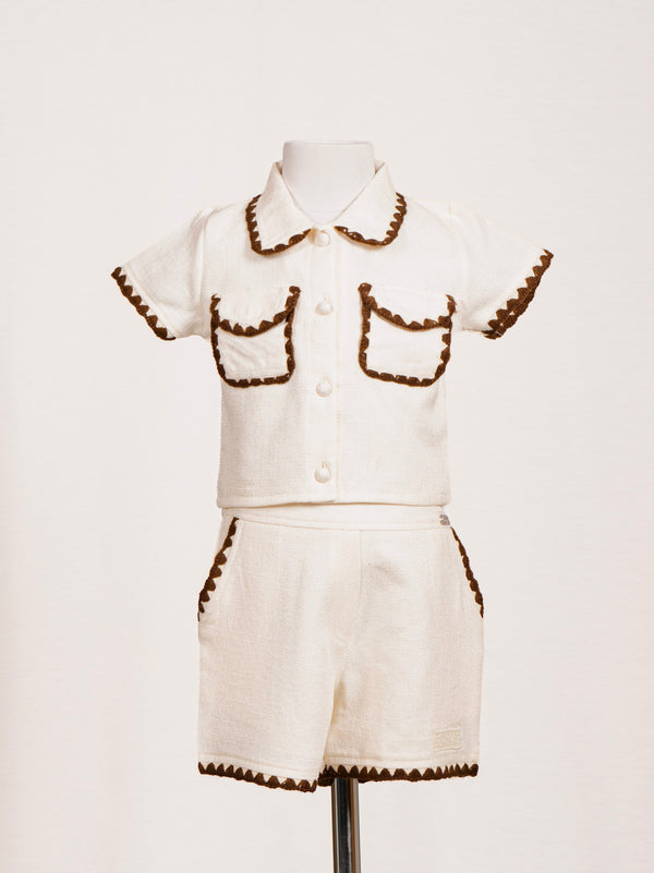 Cream Scalloped Lace Trim Shirt & Shorts Western Set