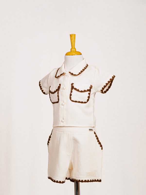 Cream Scalloped Lace Trim Shirt & Shorts Western Set