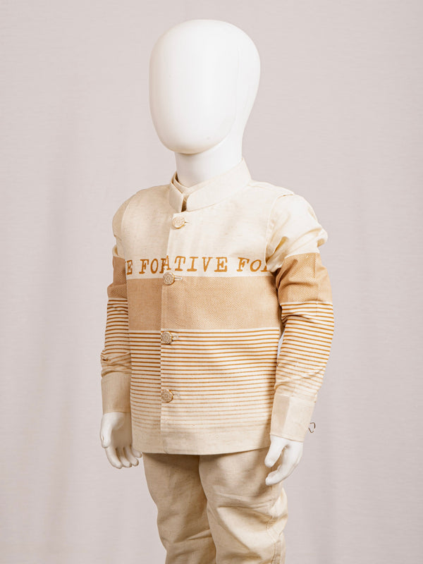 Brown & Fawn Striped Weave Typographic 3-Piece Party Wear Set