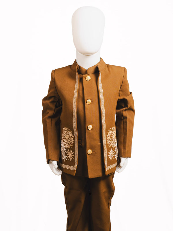 Coffee Brown Floral Embroidered Open-Jacket Jodhpuri Suit