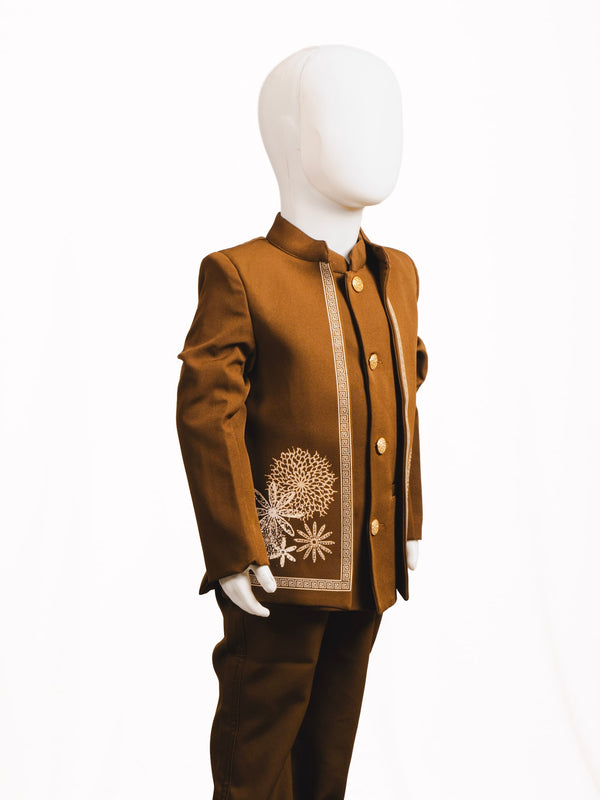 Coffee Brown Floral Embroidered Open-Jacket Jodhpuri Suit