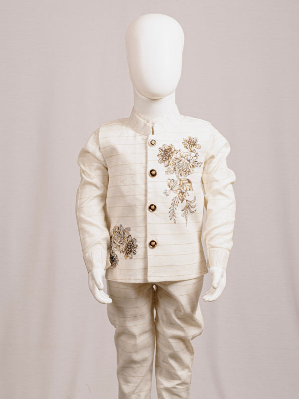 Brown Striped Floral Embroidered 3-Piece Party Wear Set