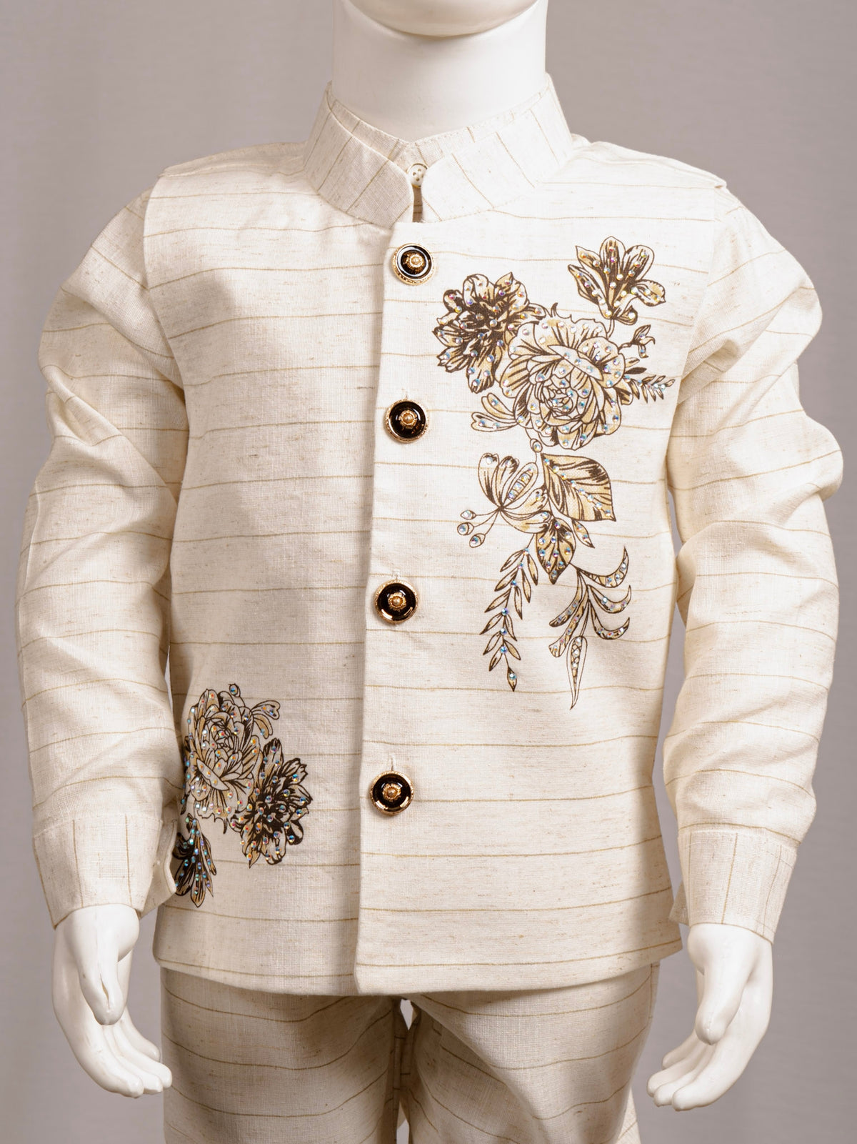 Brown Striped Floral Embroidered 3-Piece Party Wear Set