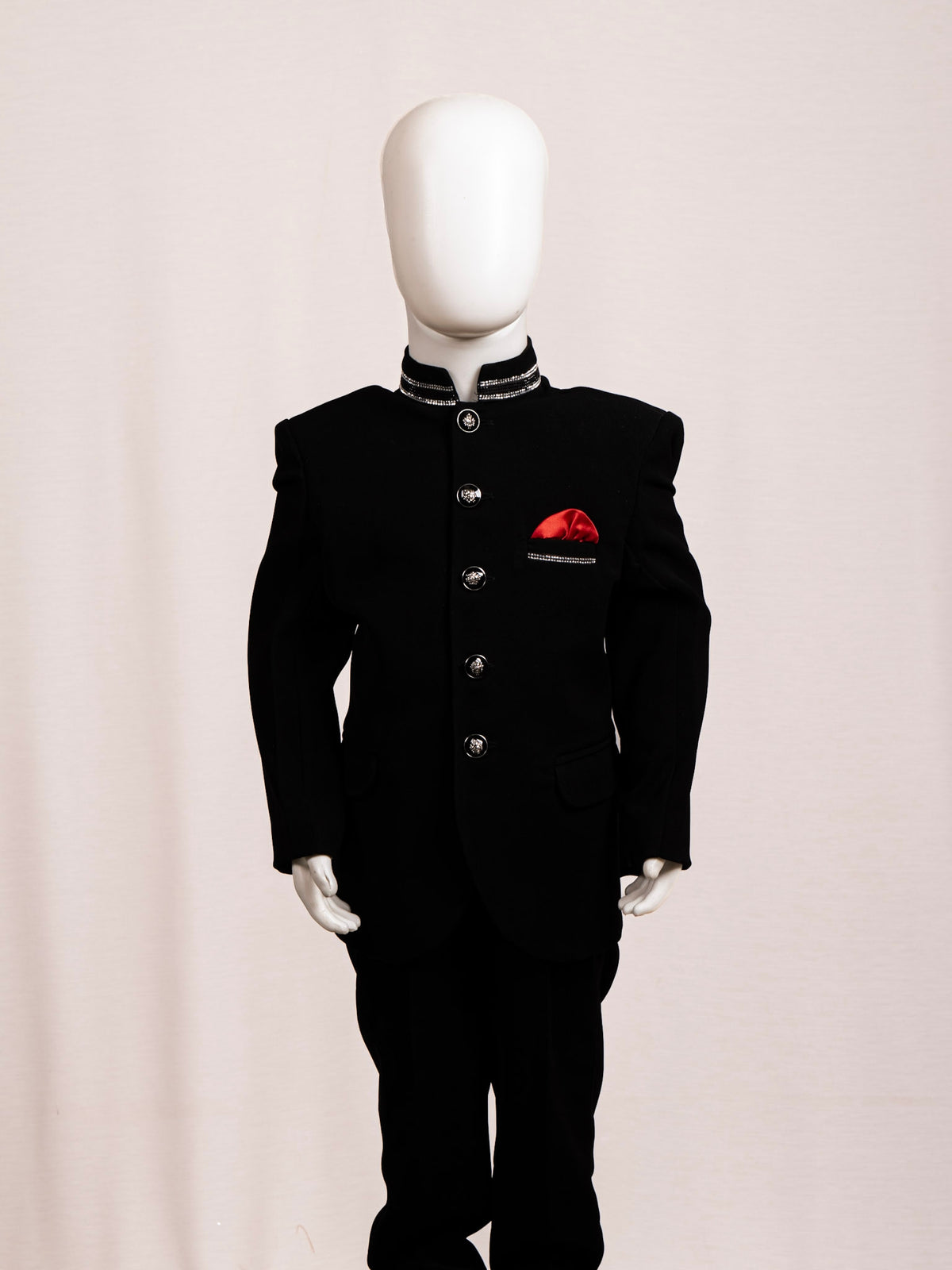 Royal Black Embellished Collar Jodhpuri Set with Red Pocket Square Main image