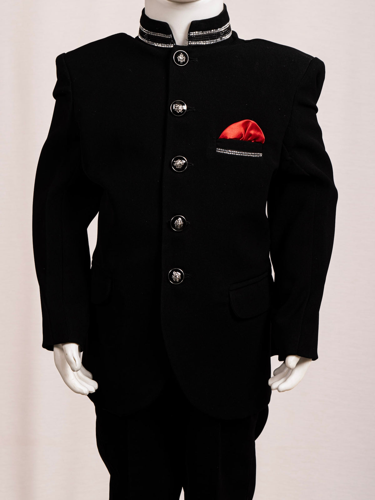 Royal Black Embellished Collar Jodhpuri Set with Red Pocket Square
