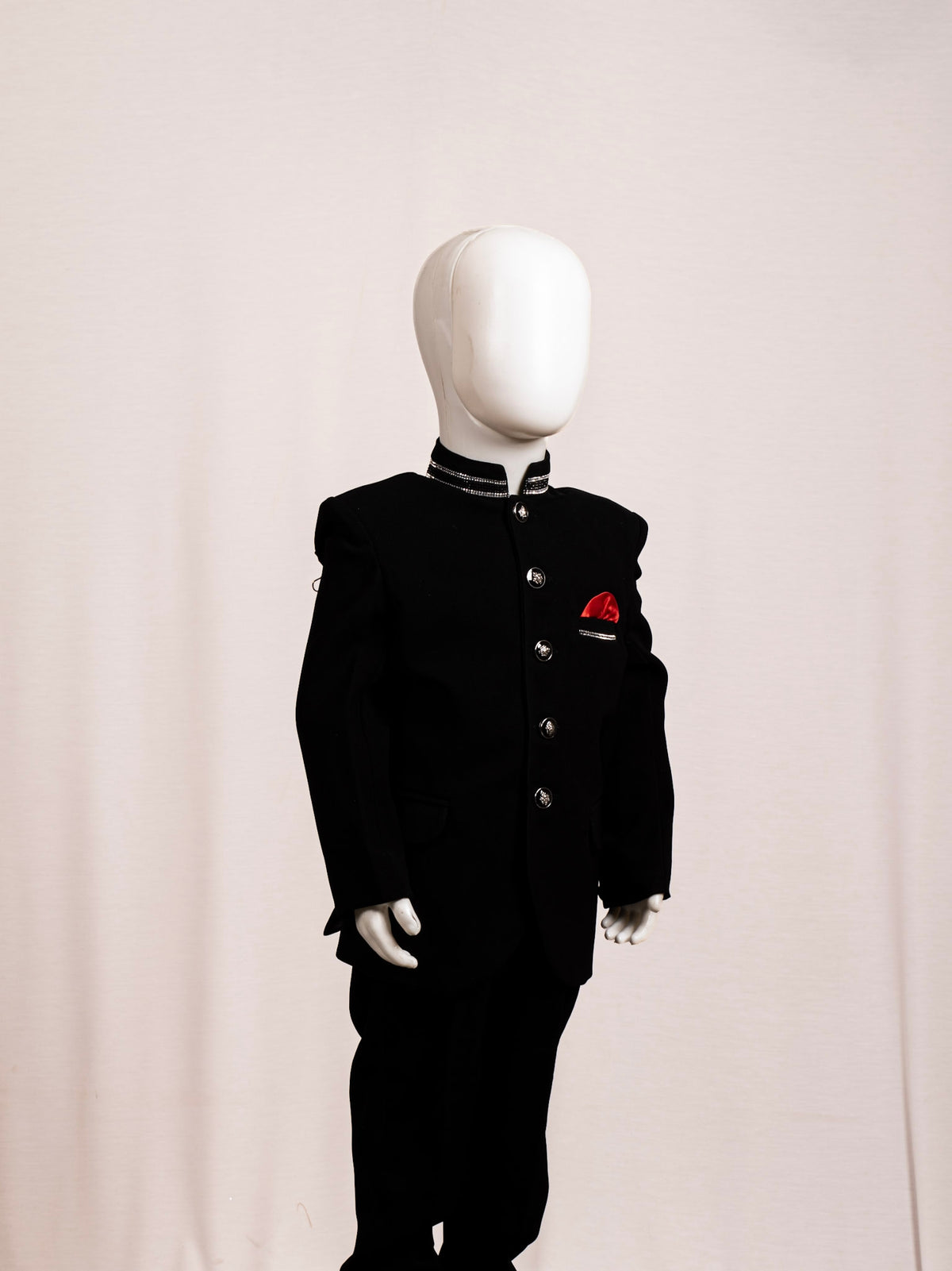 Royal Black Embellished Collar Jodhpuri Set with Red Pocket Square