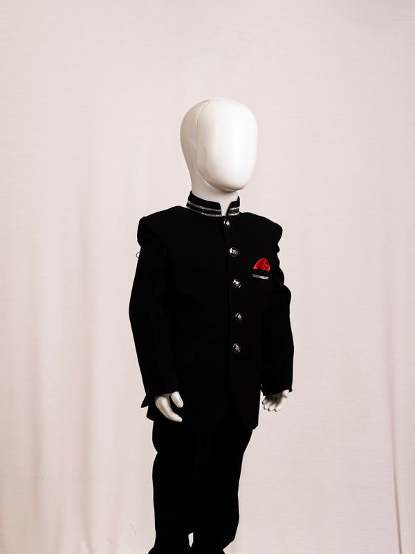 Royal Black Embellished Collar Jodhpuri Set with Red Pocket Square